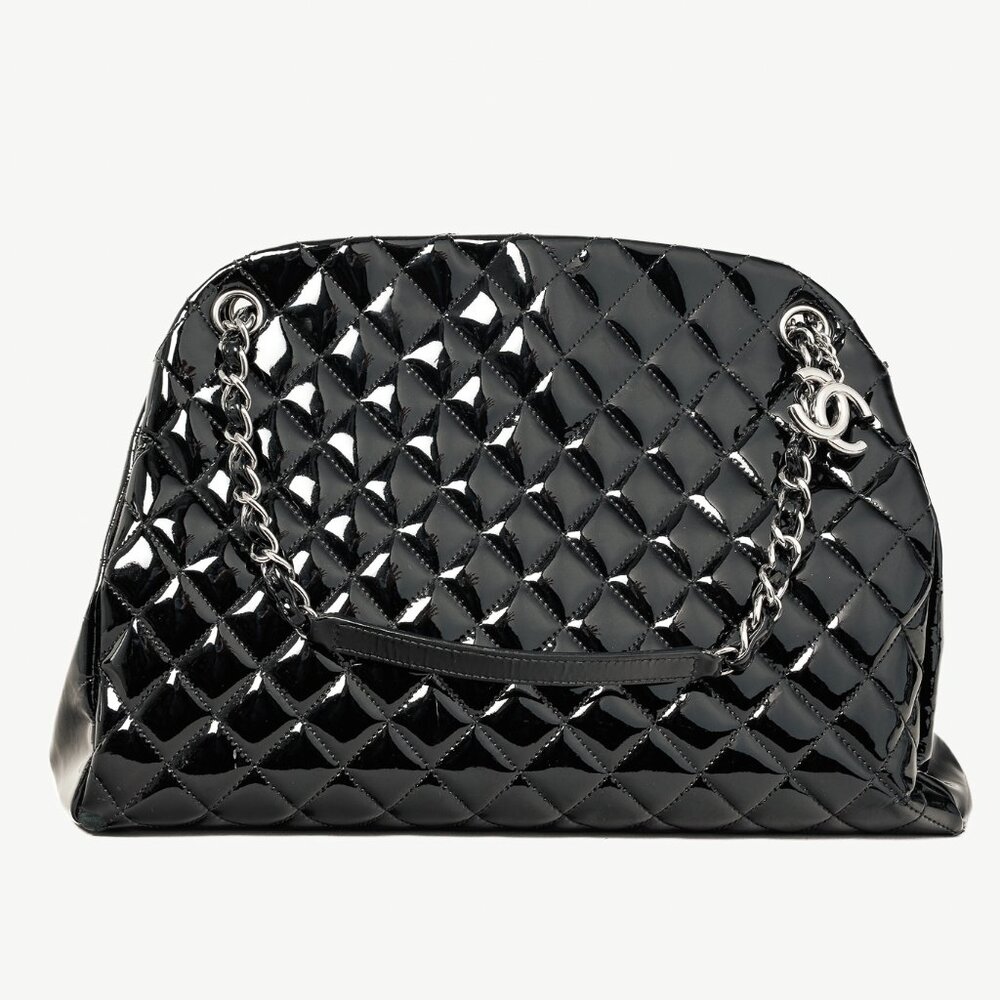 Chanel Just Mademoiselle Large Black Quilted Patent Leather Handbag